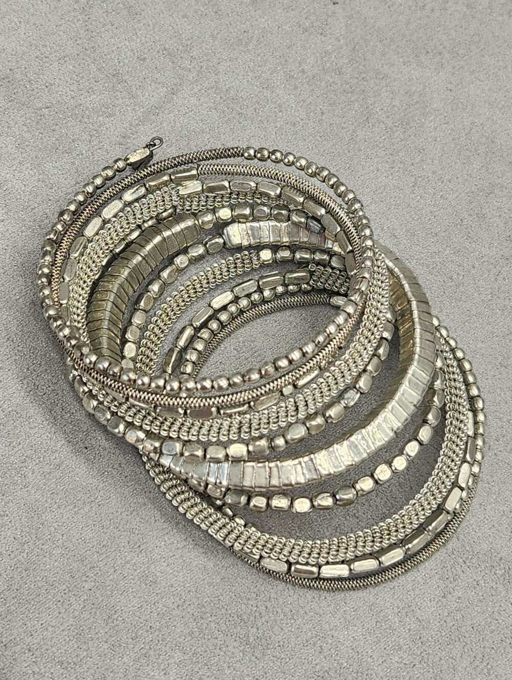 Spiral Cuff Bracelet Wrap Bangle Silver Tone Metallic Textured Boho Ethnic Artsy